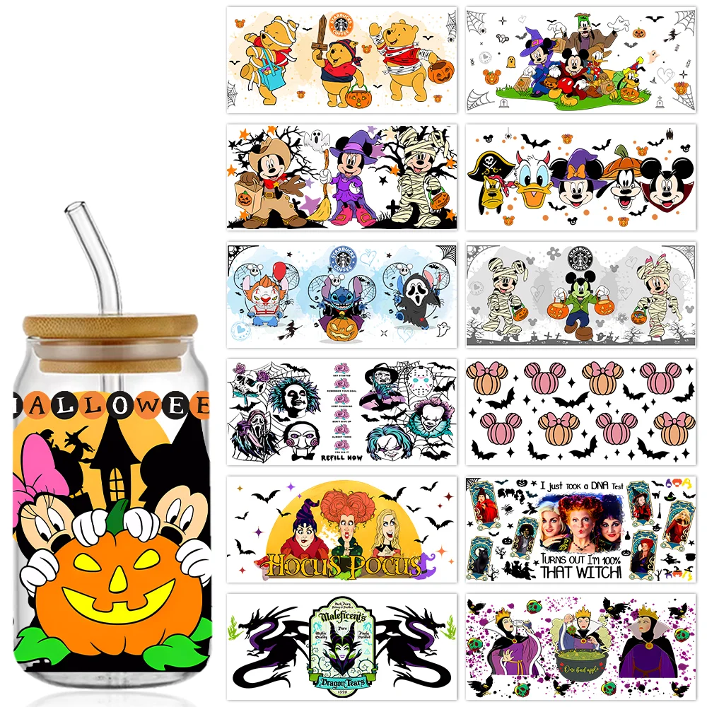 Cartoon Halloween Mickey Hocus Pocus UV DTF Cup Wrap 16oz Libbey Beer Glass Can Cup DIY Sticker Cartoon Selfadhesive Washable