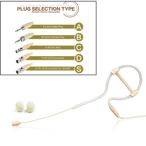 Imagen 2 del producto Auriculares con gancho para una sola oreja, color Beige, micrófono para la cabeza, 3,5mm, 3 pines, 4 pines, enchufe XLR, operación manos libres con cubierta para micrófono