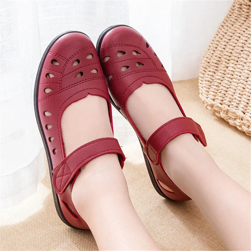 BEYARNE Summer Ballet flat shoes woman hollow leather Mary Jane casual shoes ladies genuine moccasins shoes woman Sapato