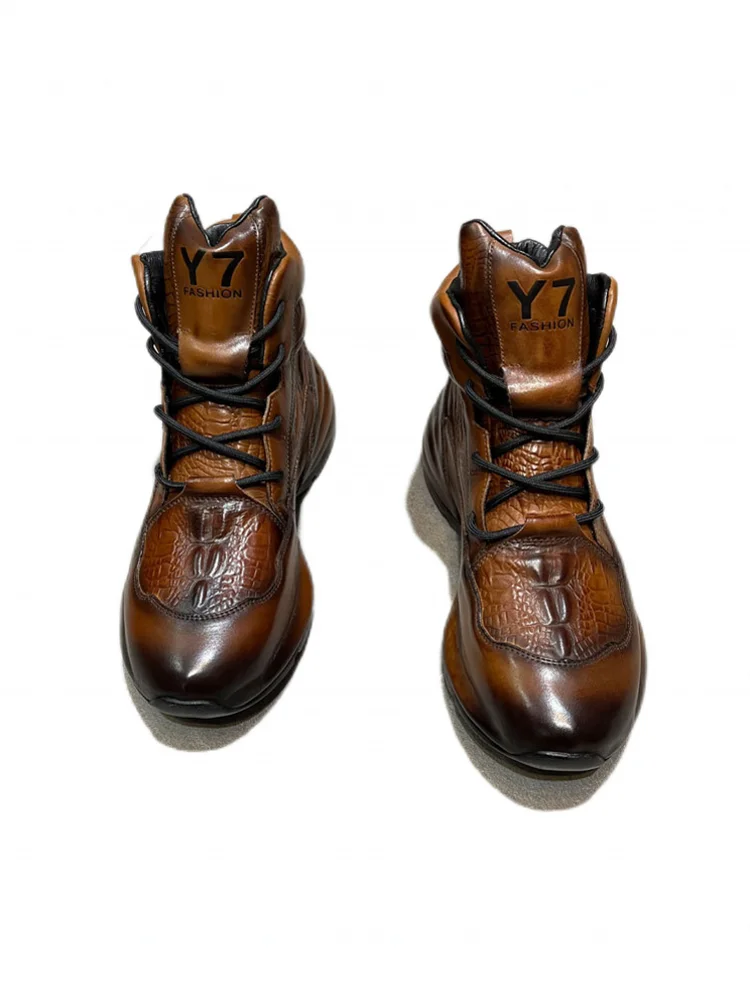 Fashion Men High Top Genuine Leather Work Shoes Thick Platform Lace Up Moto Biker Safety Shoes Letters Casual Sneakers Footwear