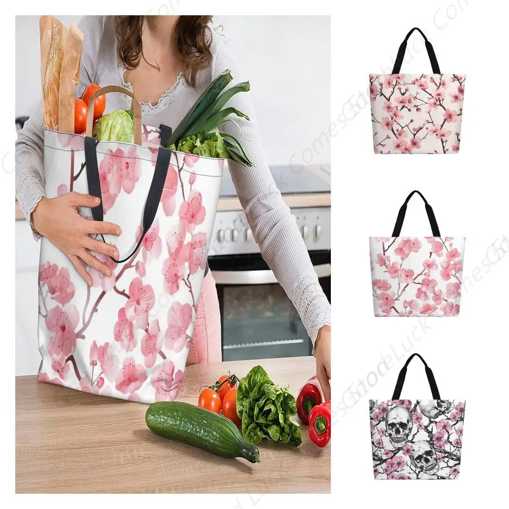

Pink Cherry Blossoms Branches Canvas Tote Bag Large Women Casual Shoulder Bag Handbag Reusable Beach Shopping Grocery Bag