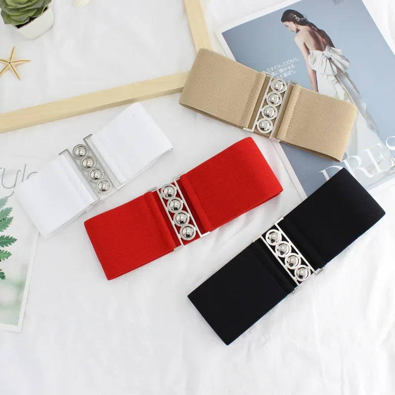 Korean Women Dress Accessories Fashion Retro Width Belt Metal Elastic Waistband Stretch Buckle Waistband Waist Seal