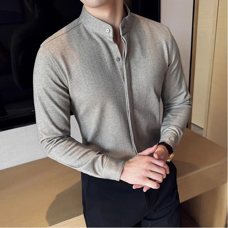 

Autumn Winter New Thicken Woolen Long Sleeve Shirts Men's Fashion Stand Up Collar Striped Slim Fit Casual Warm Shirt Tailcoats
