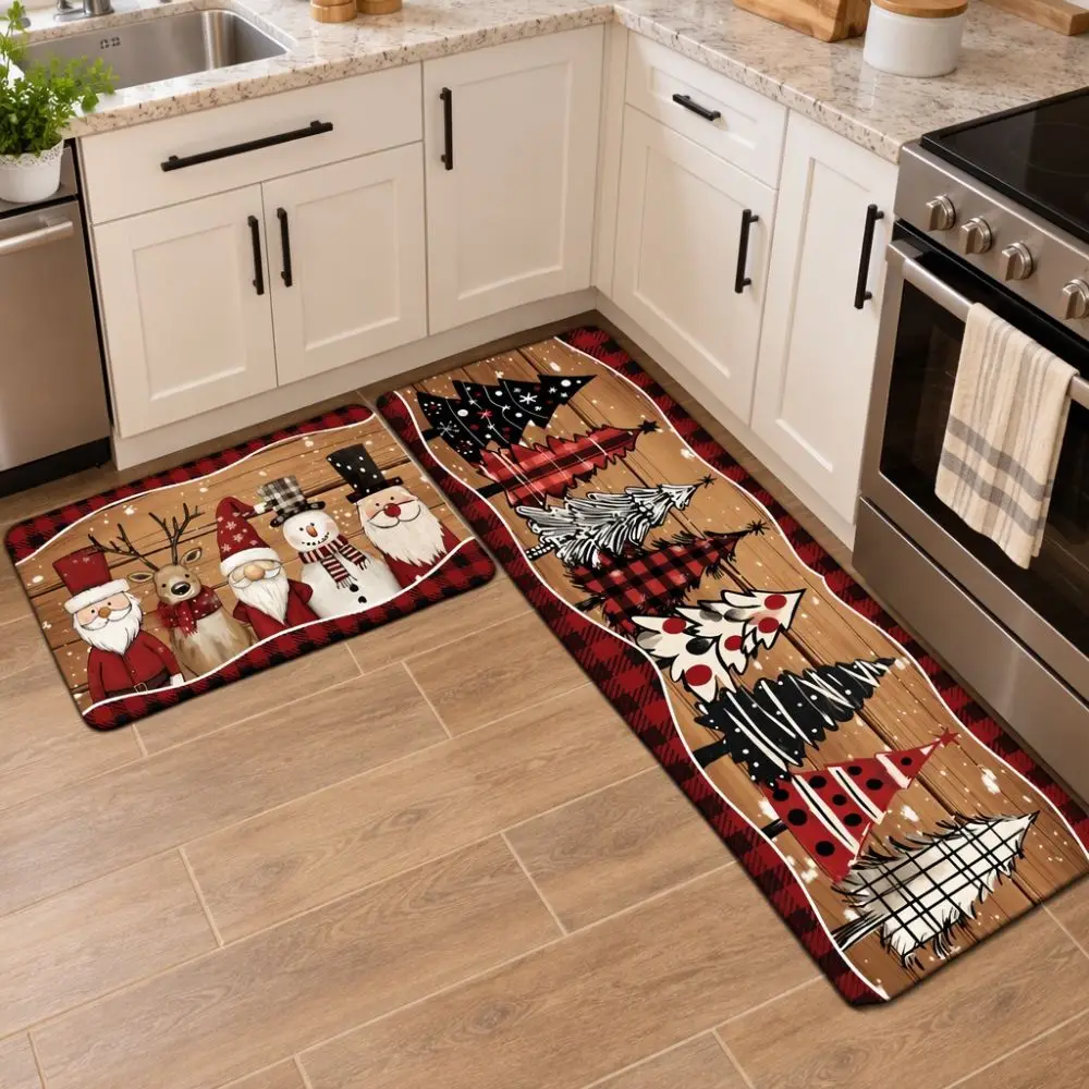 2 Pcs Diatomaceous Earth Christmas Kitchen Rug Set Water-absorbent Wear-resistant Christmas Kitchen Runner Non Slip Rectangular