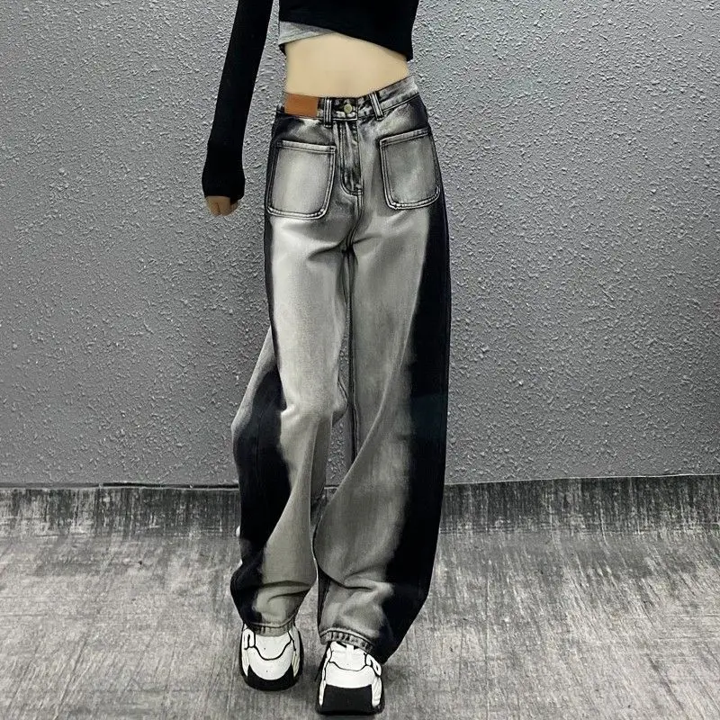 

Personality Gray Black Matching Color Casual Jeans Women's Autumn High-waisted Loose Straight Leg Everything Wide Leg Mop Pants