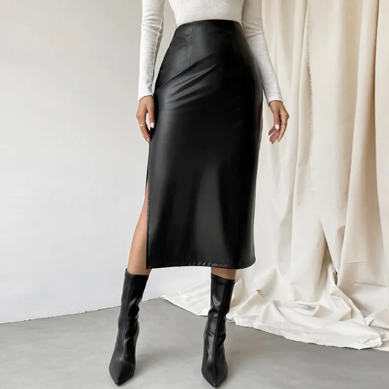 Zwart lederen rokken damesmode hoge taille PU lange rok splitst streetwear herfst vrouwelijke elegante effen kantoor casual