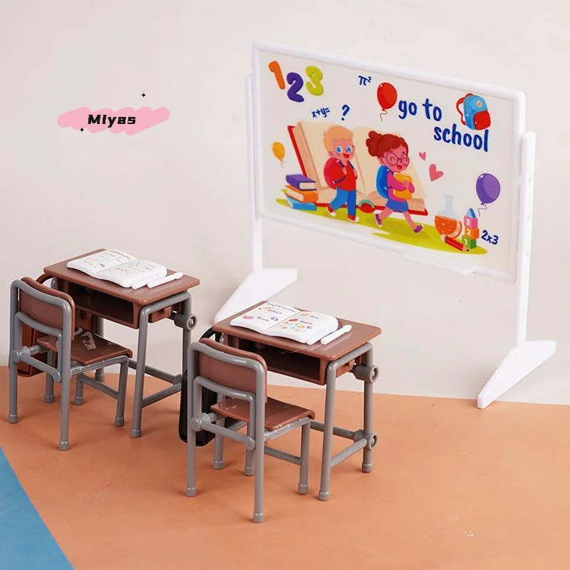 Miniatuur Klaslokaal Decor Speelgoed Set 1/12 Schaal Poppenhuis Bureaus Stoelen Schoolbord Boeken Schooltassen Model Poppenhuis Accessoires