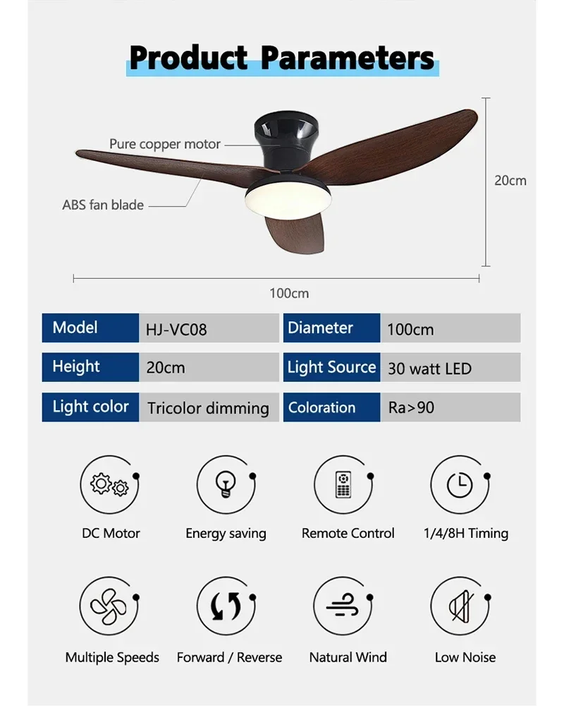 Imagem -03 - Nordic Minimalista Madeira Ventilador de Teto Ventilador de Quarto Moderno Piso Baixo dc Motor Controle Remoto Home Led 220v 110v 30w