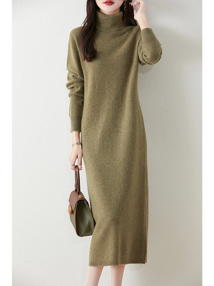 

Autumn Winter Women's Turtleneck Sweater Wool Dress Basic Pullover Casual Cashmere Skirt 100% Merino Wool Knitwear Soft Clothing