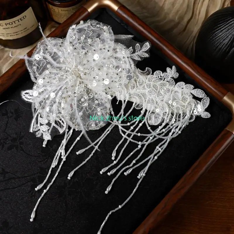 E15E حجاب شرابات العروس خفيف الوزن مع دانتيل ولمسات مطرزة متلألئة #5