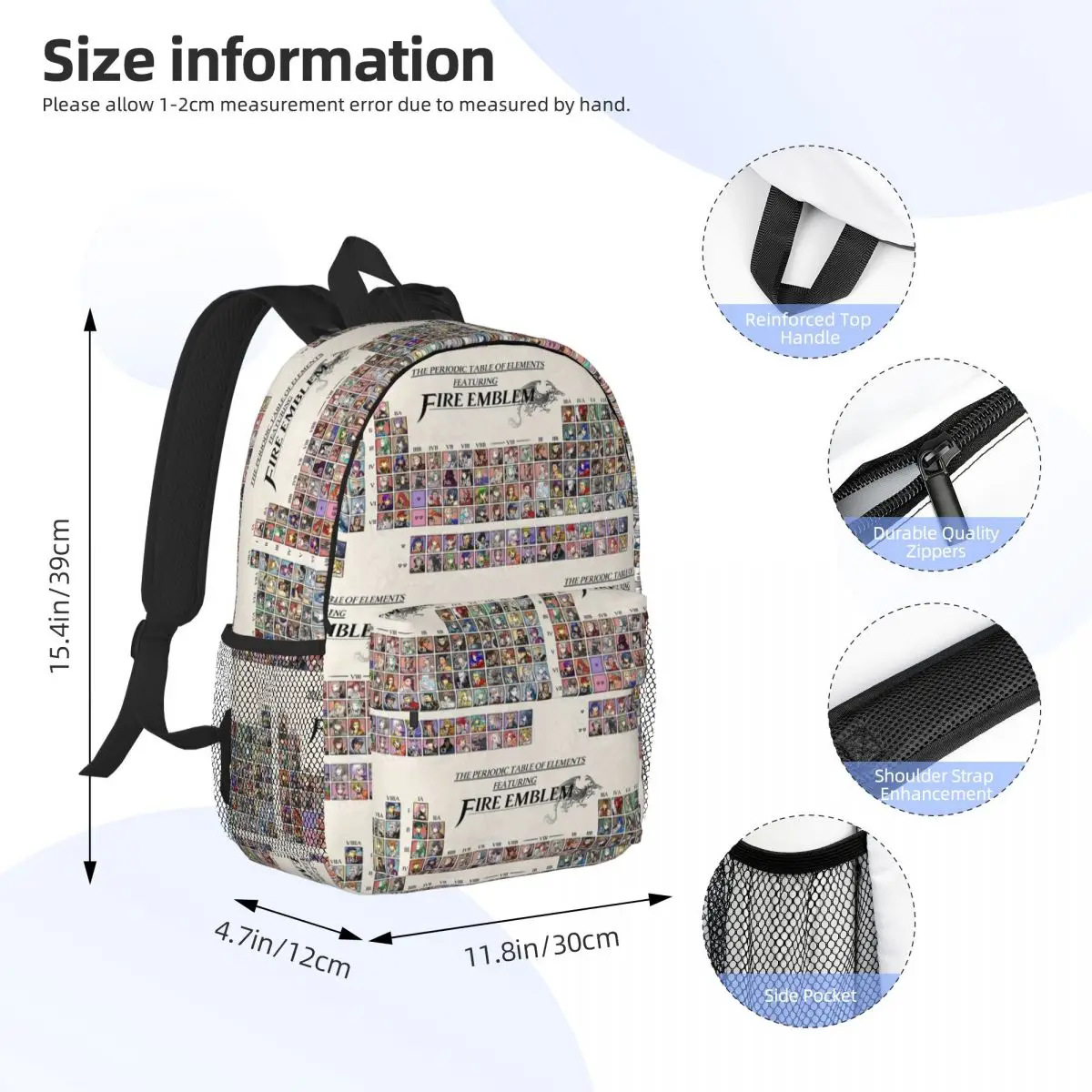 Periodic Table Fire Emblem Backpack Student Boys Girls BookBag Men Women School Bag Laptop Shoulder Bags