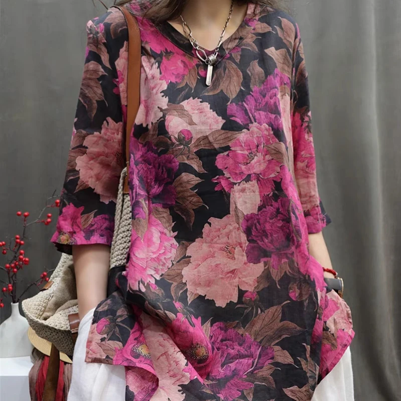 

New Retro Ramie Printed Small V-neck Loose Versatile Mid-sleeved Pullover Shirt for WomenYY110