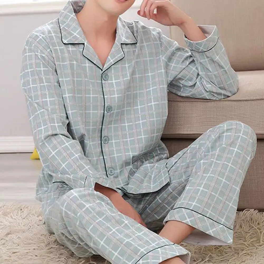 Terno de pijama xadrez fino masculino, calças compridas, conjunto pijamas casual, outono