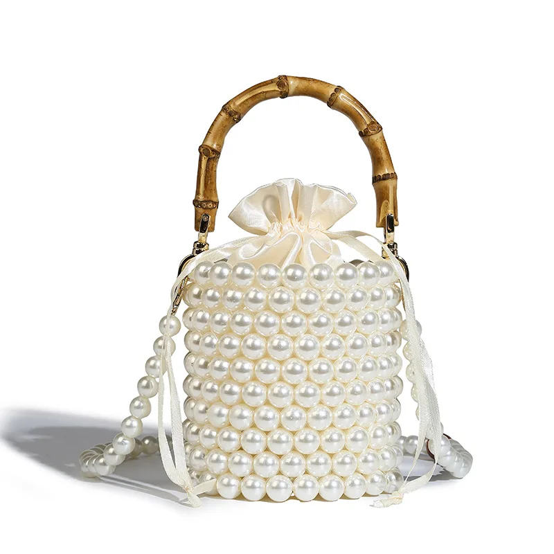 2024 New Luxury Beading Acrylic Pearl Handbag Fashion Bamboo Handle Women's Cylindrical Shape Drawstring Evening Clutches Bag