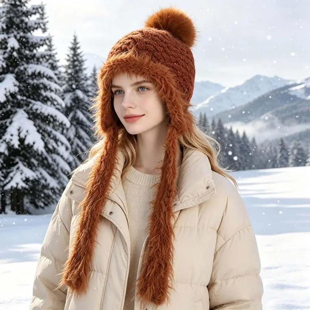Comfortable Soft Winter Hat Women’s Knitted Earflap Hat with Fuzzy Trim Soft Warm Winter Pompom Outdoor Cycling Weather