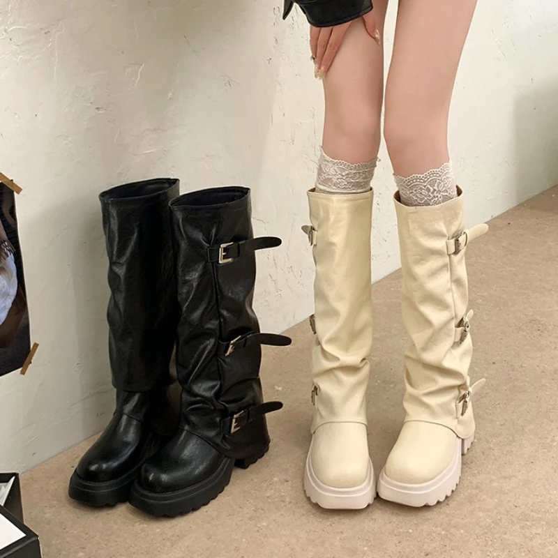 Women PU Leather Knee High Knight Boots Three Metal Buckle Decor Pleated Thick Platform Heel Punk Style Long Boots Botas Mujer