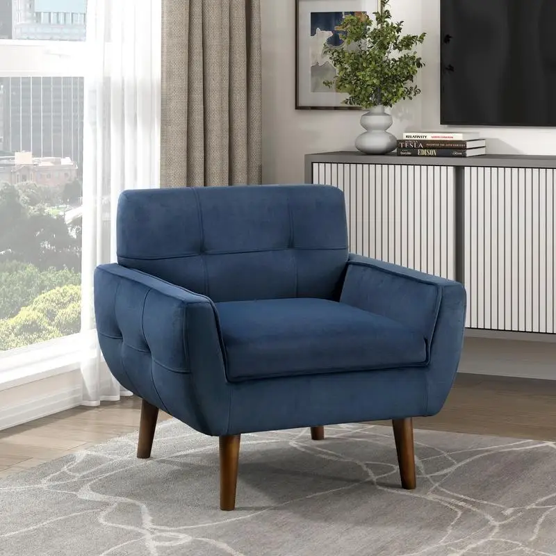Navy Blue Velvet Accent Chair, Upholstered Cushion Seat, Tufted Back, Contemporary Living Room Furniture, Stylish 1pc Seat for