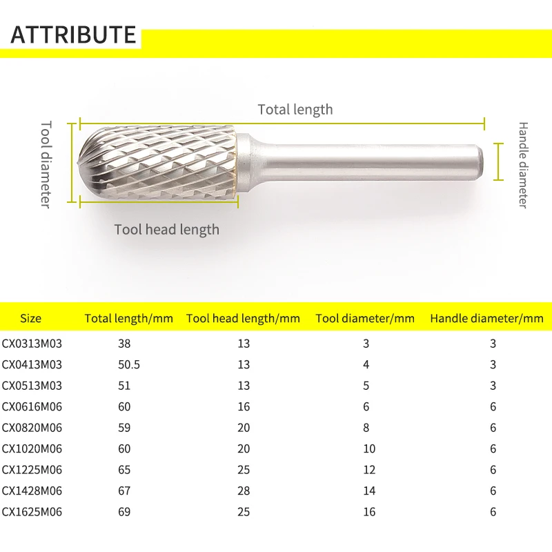 Carbide Tungsten Steel Grinding Head 1pcs C-type Double Slot Cylindrical Ball Head Milling Cutter Woodworking Metal Rotary File