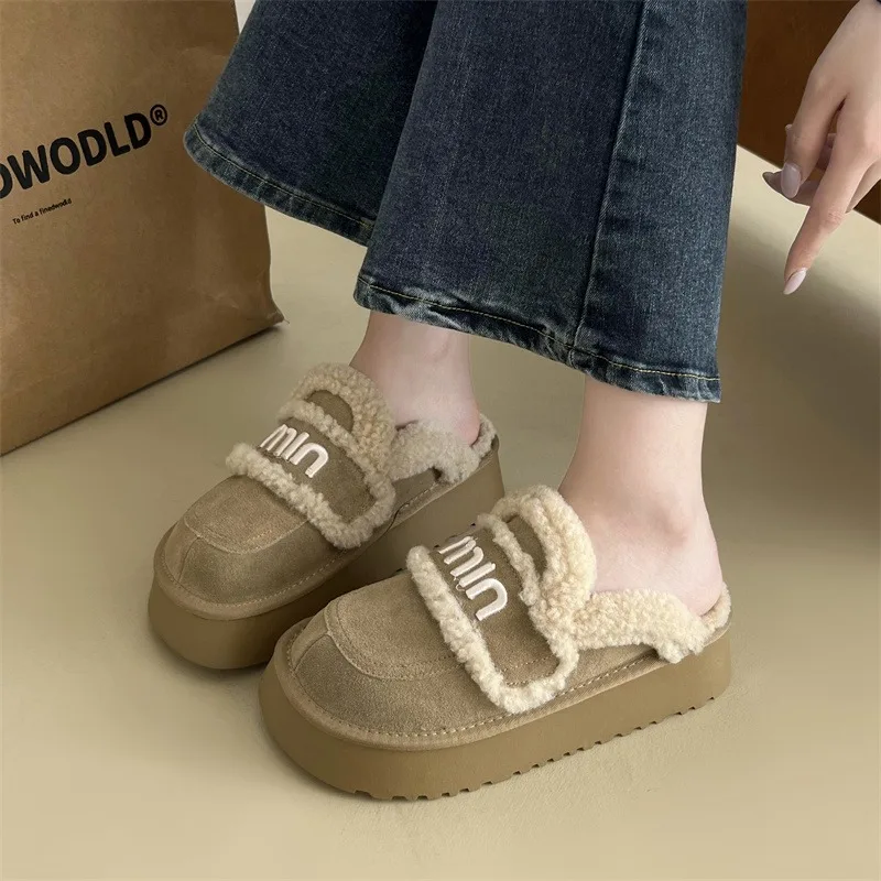 Winter Flat Home Cotton Shoes 2024 Fashion New Plush Warm Womens Comfortable Thick-soled Slippers Suede Designer Baotou Slippers