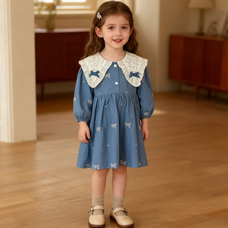 

Girls' Dress Spring and Autumn Style Bow Embroidered Long Sleeve Fashionable Children's Dress Kids' Clothing