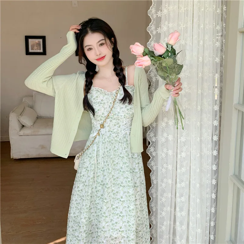 

plus Size Floral Print Belted Knitted Dr Women's Spring New Sle Slimming Two-Piece Set High Waist A-Line Long Sve Dr