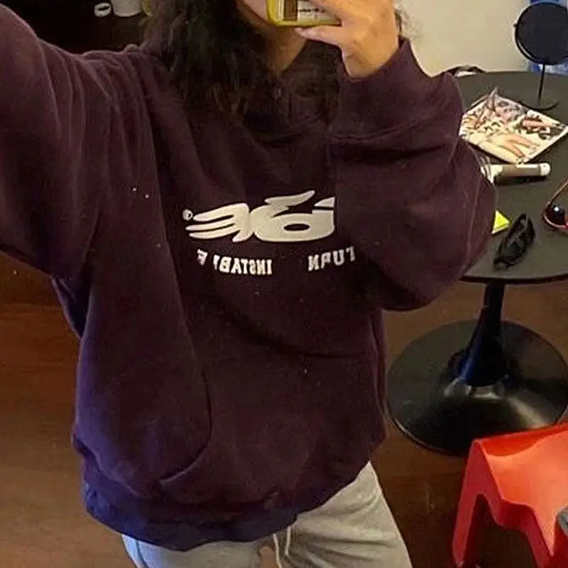 Women's Vintage Long Sleeve Letter Print Sweatshirts American Retro Hooded Warm Female Fashion Loose Fit Top