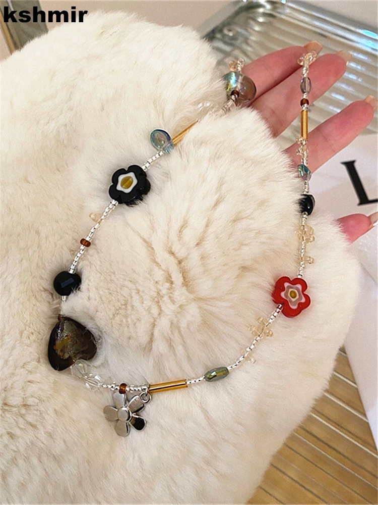

kshmir Girl multi-element crystal coloured glaze necklace with niche design beaded flower clavicle sweater chain Accessories