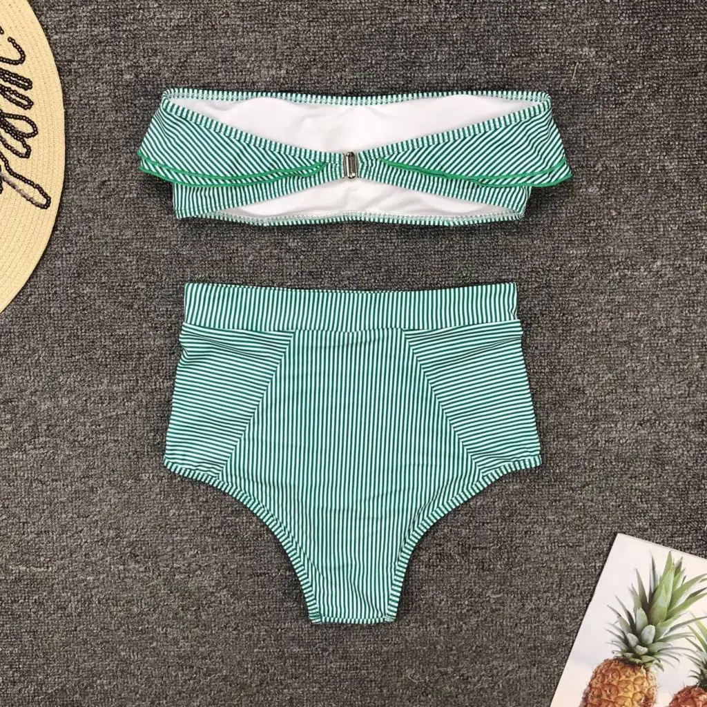 Sweet Green Striped Ruffle Bikini Off Shoulder Push-Up Boho High Waist Swimsuit Strapless Two Piece Swimwear Beachwear