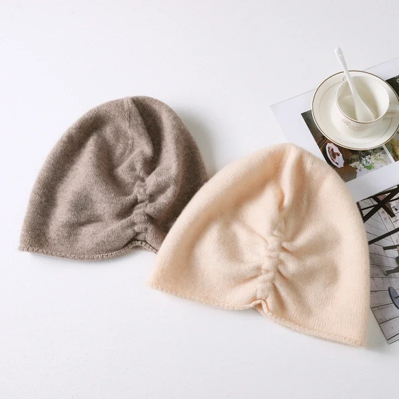 Women100%Wool Solid Knit Slouchy Beanie Hat Elegant Ruched Pull On Bonnet Autumn Winter Thermal Warm Daily Wear Headwear Cap Men