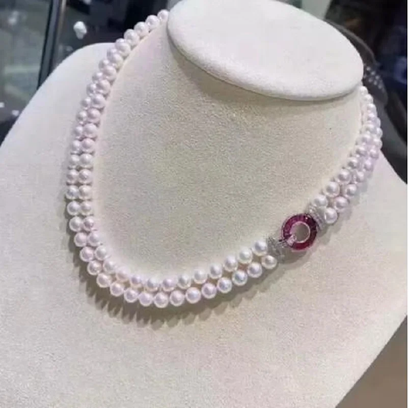 

20-Inch Double Chain AAAA 7-8mm Natural Akoya White Pearl Women's Necklace 925 Silver