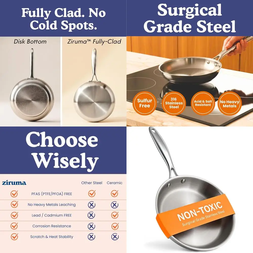 

11 Сковорода из нержавеющей стали полностью покрытая — нетоксичная, без PFOA, готовая к индукции, безопасная для духовки до 500 шт. ° Ф