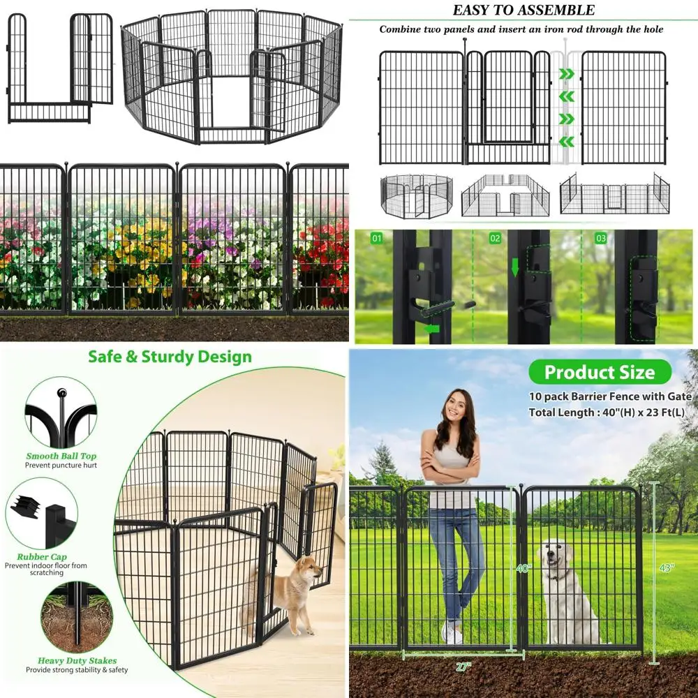 

decorative black metal fencing garden fence with gate, 23ft(l) 40in(h) 10 fence panels no dig fence rustproof animal barrier fen