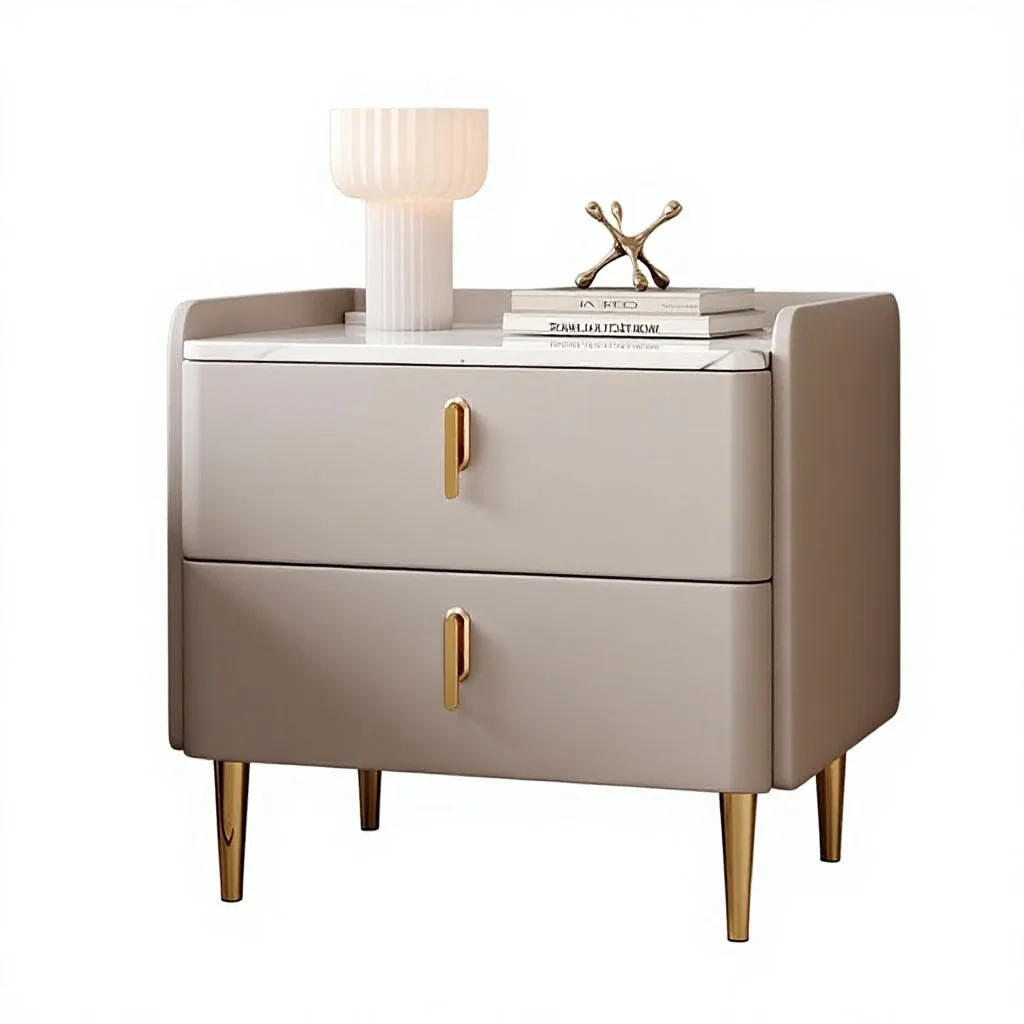 

//Nightstand Modern 2 Drawer Upholstered Bedside Table With Gold Handles And Wood Legs For Bedroom Furniture