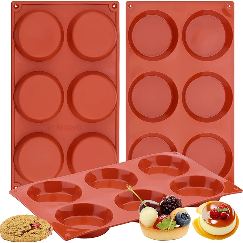 LMETJMA 6-Cavity Silicone Cake Mold Non-Stick Baking Mold Round Disc Resin Coaster Mold for Hamburger Chocolate Cake Pie JT155