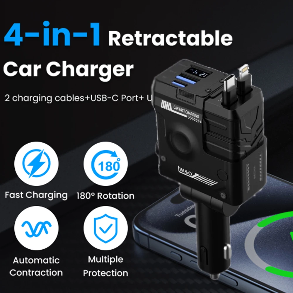 

Retractable Car Charger, 4 in 1 Phone Car Charger Adapter Fast Charging USB-C/USB-A/Lightning/Type C, For iPhone, Galaxy, Pixel