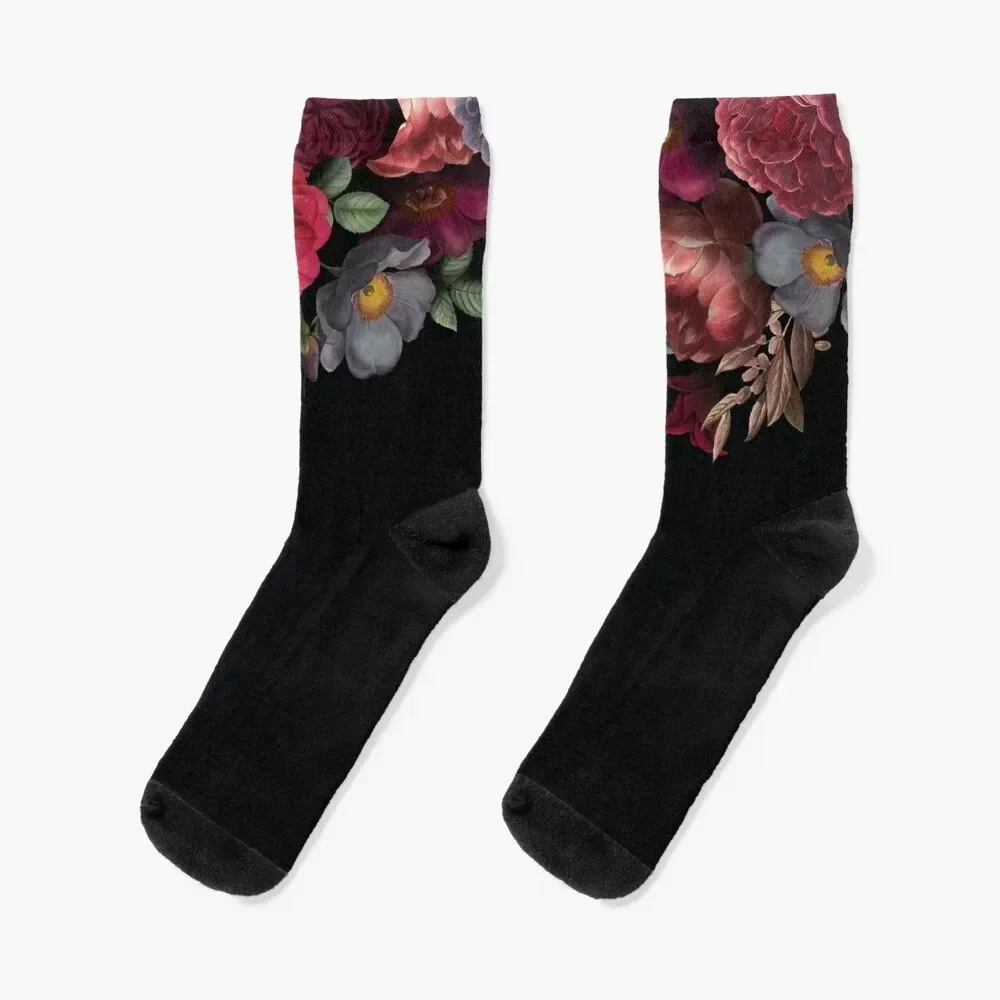 Antique Botanical Night Watercolor Roses on Black Socks men cotton high quality aesthetic Man Socks Women's