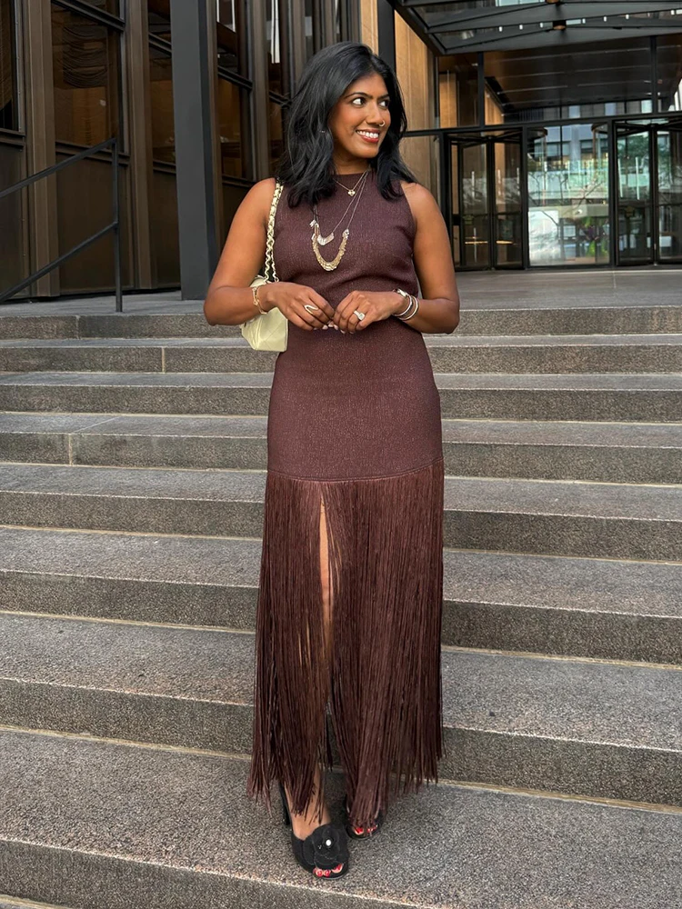 

Women's Sleeveless Brown Bodycon Long Dresses with Fringe Detail Elegant Evening Gown for Cocktail Formal Events & Celebrations