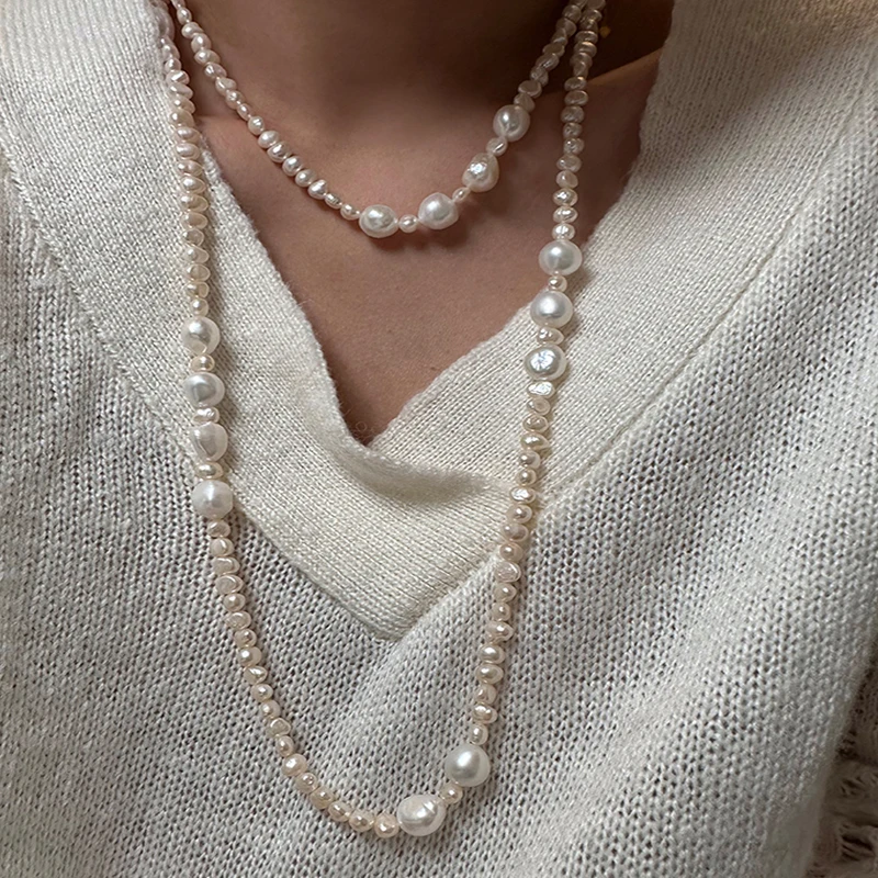 HENGSHENG 90-120cm Long Chain Necklace For Women Girls Freshwater Natural Baroque Pearls Necklace 5-9mm Vintage Sweater Chain