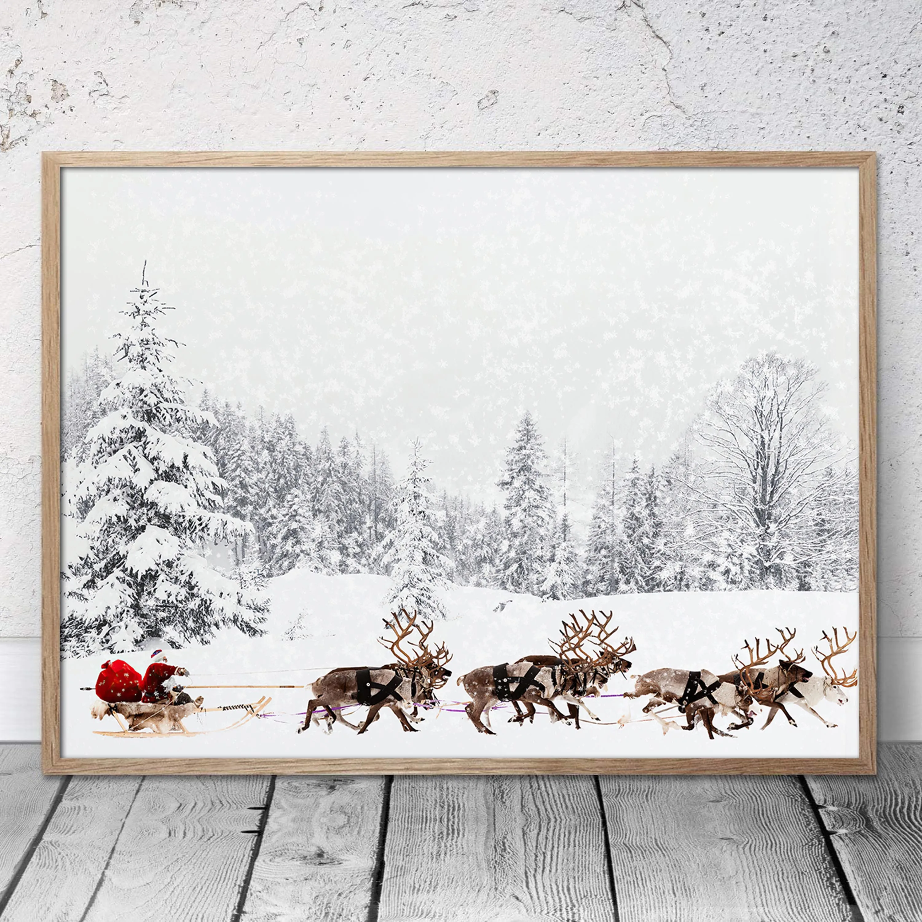 1pc Christmas Sleigh Canvas Poster, Winter Snow Tree Reindeer Printing Poster, Christmas Wall Art Decoration, Santa Claus Poster