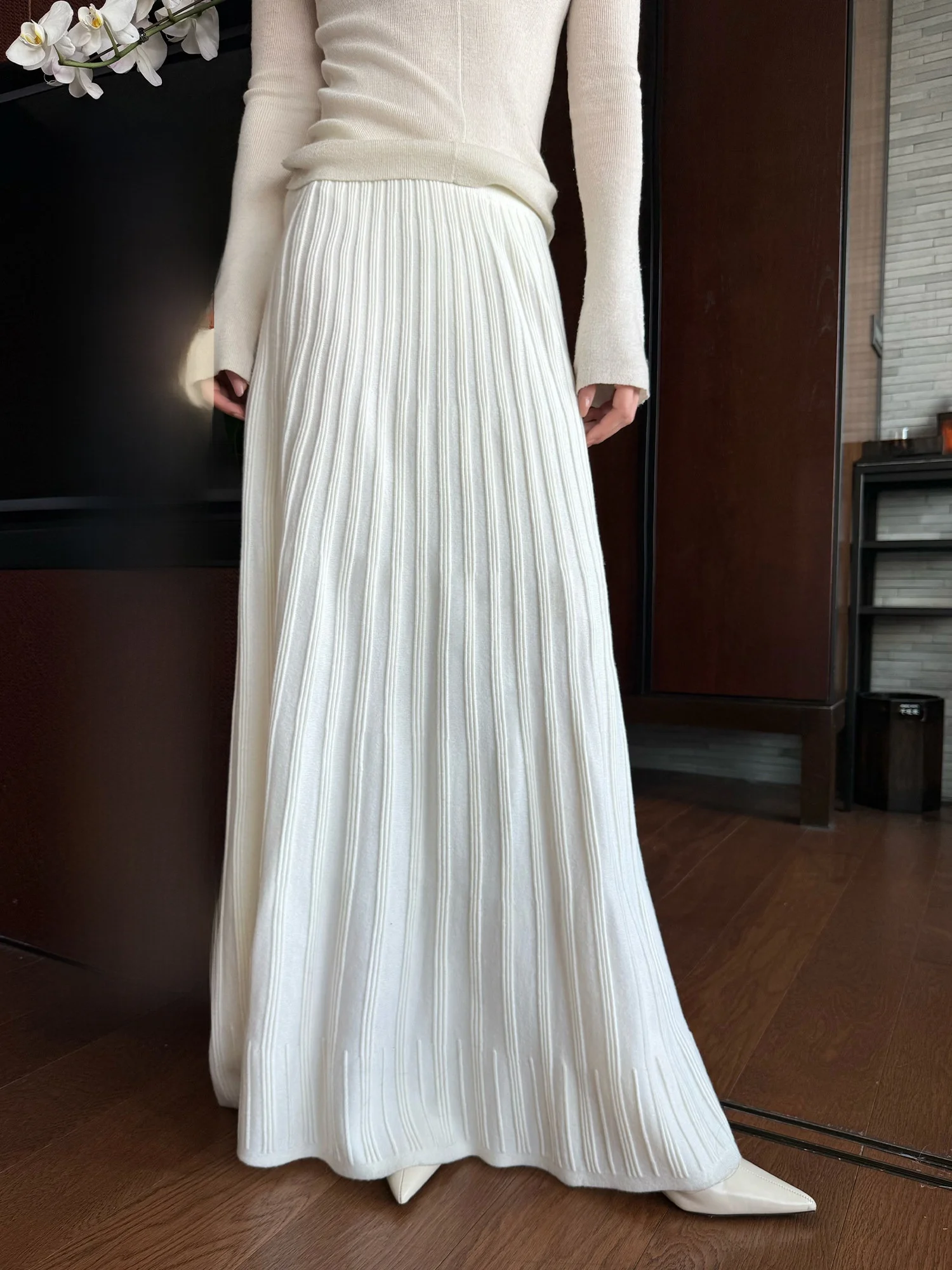 

Winter Knitted White Straight Long Skirt Women's mid Waist Design Wool Blend Fabric Casual Sle f-length Skirt