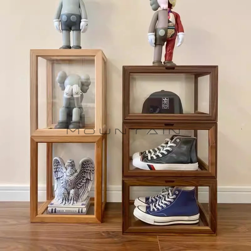 High-end Solid Wood Shoe Box Black Walnut Wooden Transparent Display Cabinet Hand Figure Storage Box