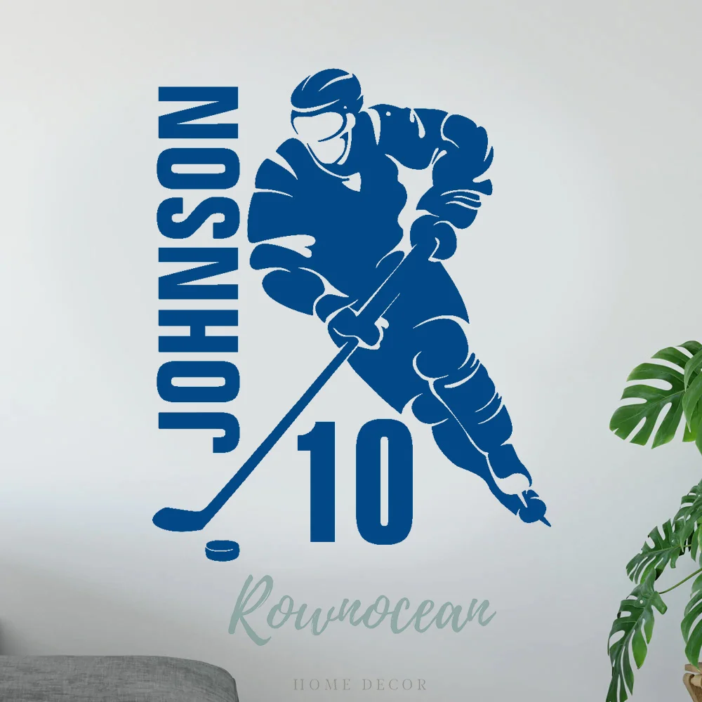 

Custom Name and Number Ice Hockey Player Silhouette Sport Wall Sticker, Interior Mural, Home Decor, Boys Room, Bedroom, G031
