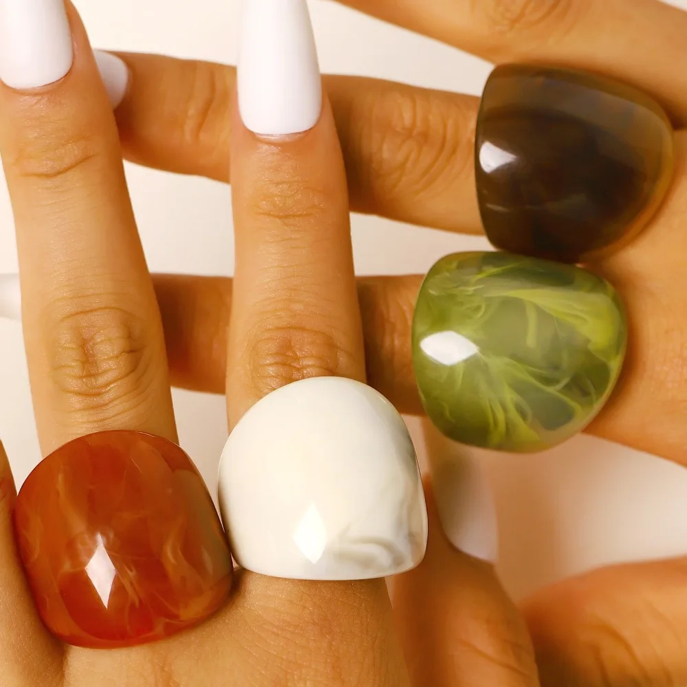 Vintage Acrylic Dome Ring Colorful Marbled Texture Resin Chunky Statement Rings for Women Fashion Aesthetic Jewelry Accessories