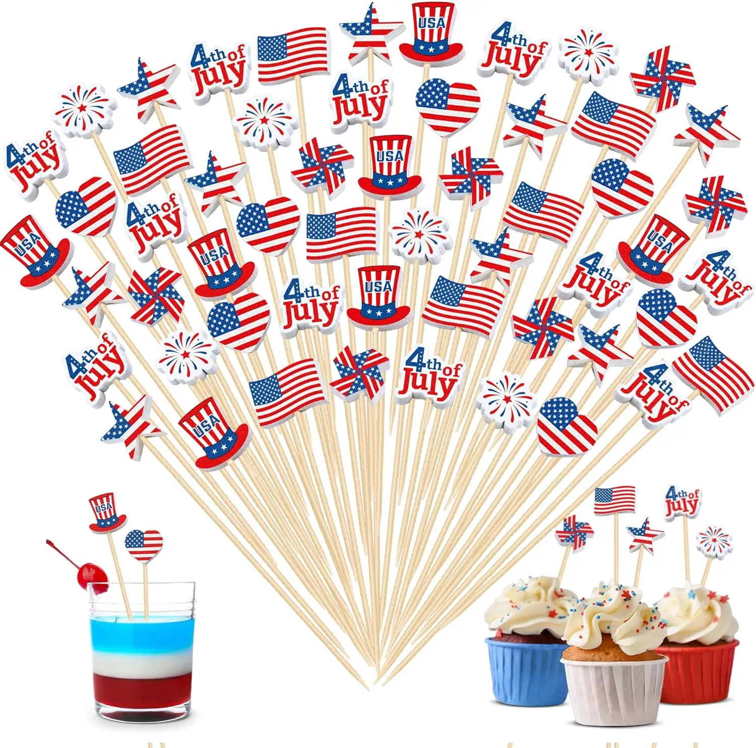 

200Pcs 4th of July Mini American Patriotic Cocktail Picks Independence Day Toothpicks Wooden Cupcake Toppers for Food Fruit