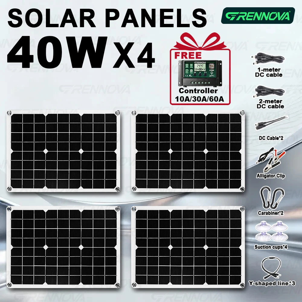 RV Camping GRENNOVA 40W Solar Panel 1-4PCS ( Free 60A Controller Dual USB DC ) User-friendly Outdoor Charging Kit Travel Farm