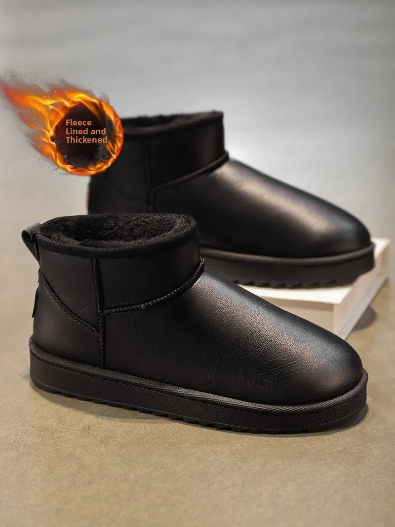 

Men's Winter Snow Boots Fleece Lined Fur Integrated Leather Upper -40 Degree Cold Resistant Large Cotton Shoes Short Tube Style