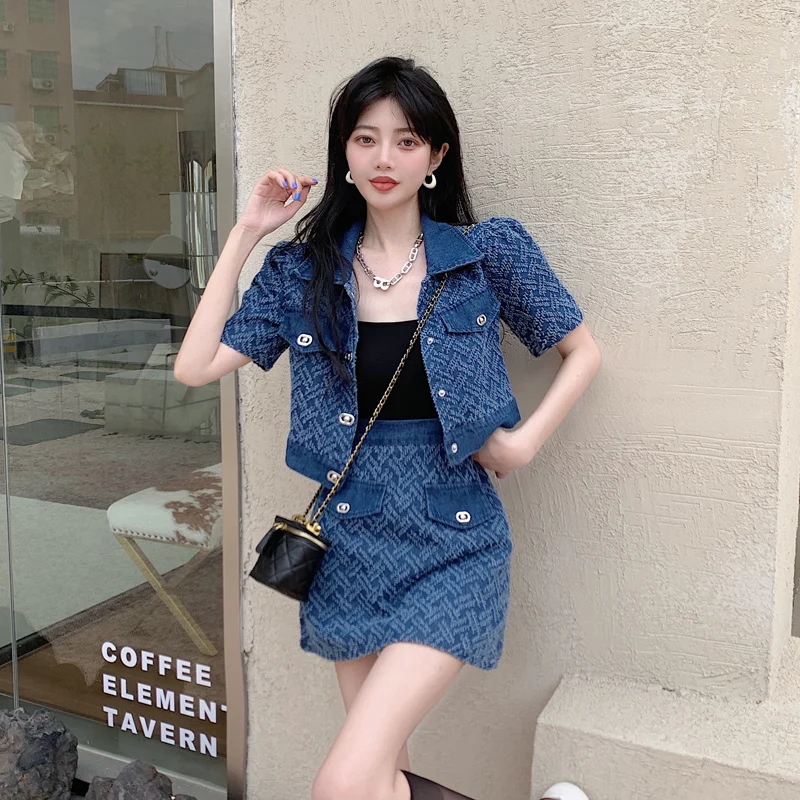 Small Fragrant Style Denim Skirt Suit Summer New Women's Stylish Skirts 2 Pieces Sets Women Outfits Two-piece Ladies Outfit Set