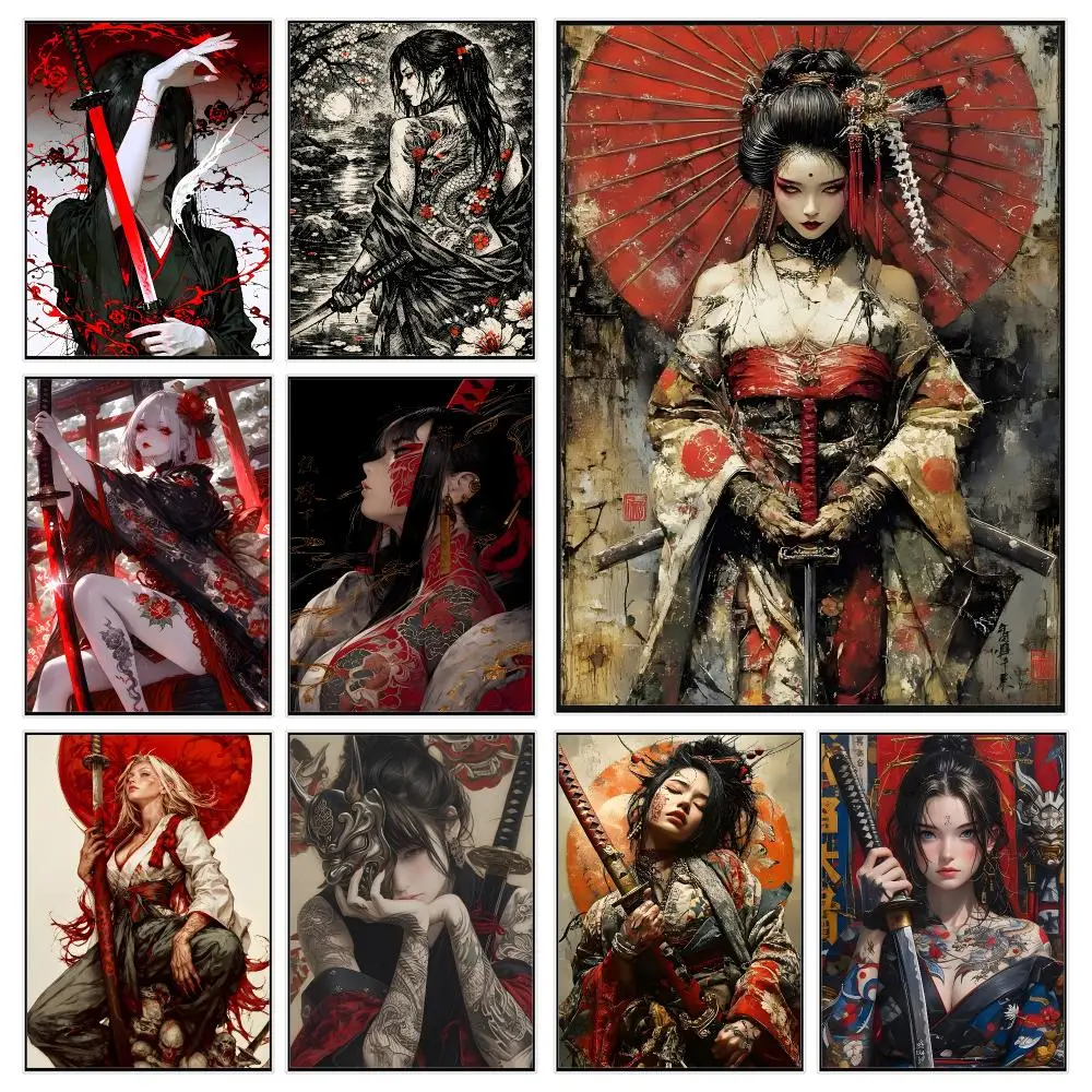Artistic Concept J-japanese female samurai Poster Trendy Aesthetic Wall Decor for Dorm & Bedroom