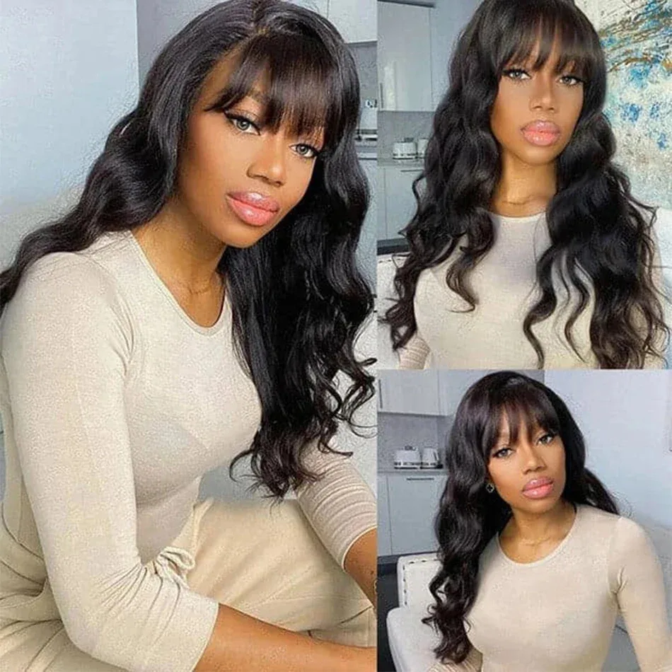 Full Machine Made With Bangs High Density 30 Inch Wig Loose Body Wave Wig 100% Human Hair Body Wave Wig For Women Choice On Sale