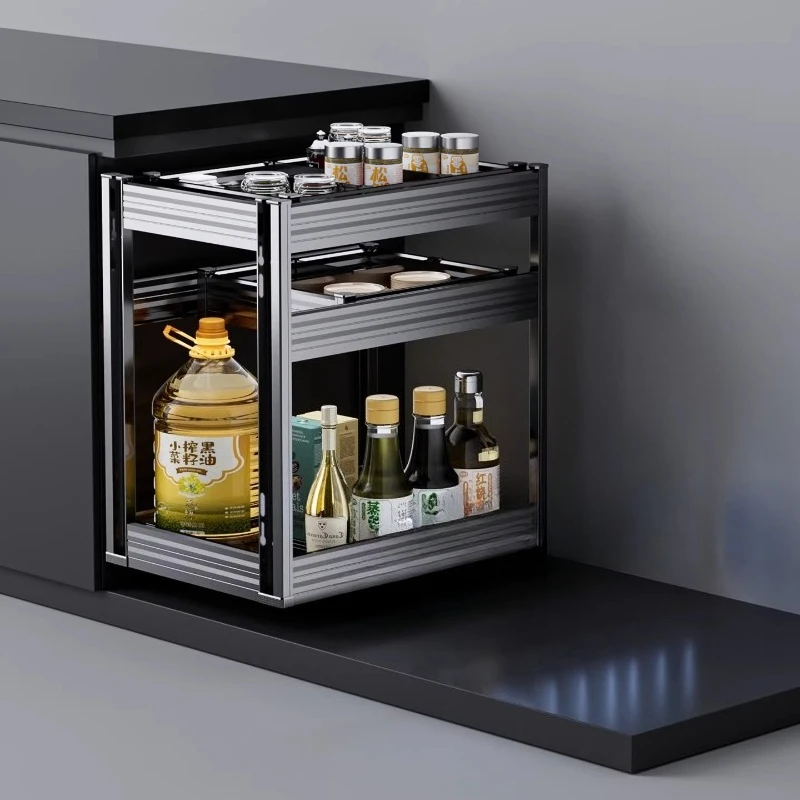 

Kitchen Cabinet Pull-out Basket Three-layer Aluminum Alloy Drawer Spice Storage Layered Artifact